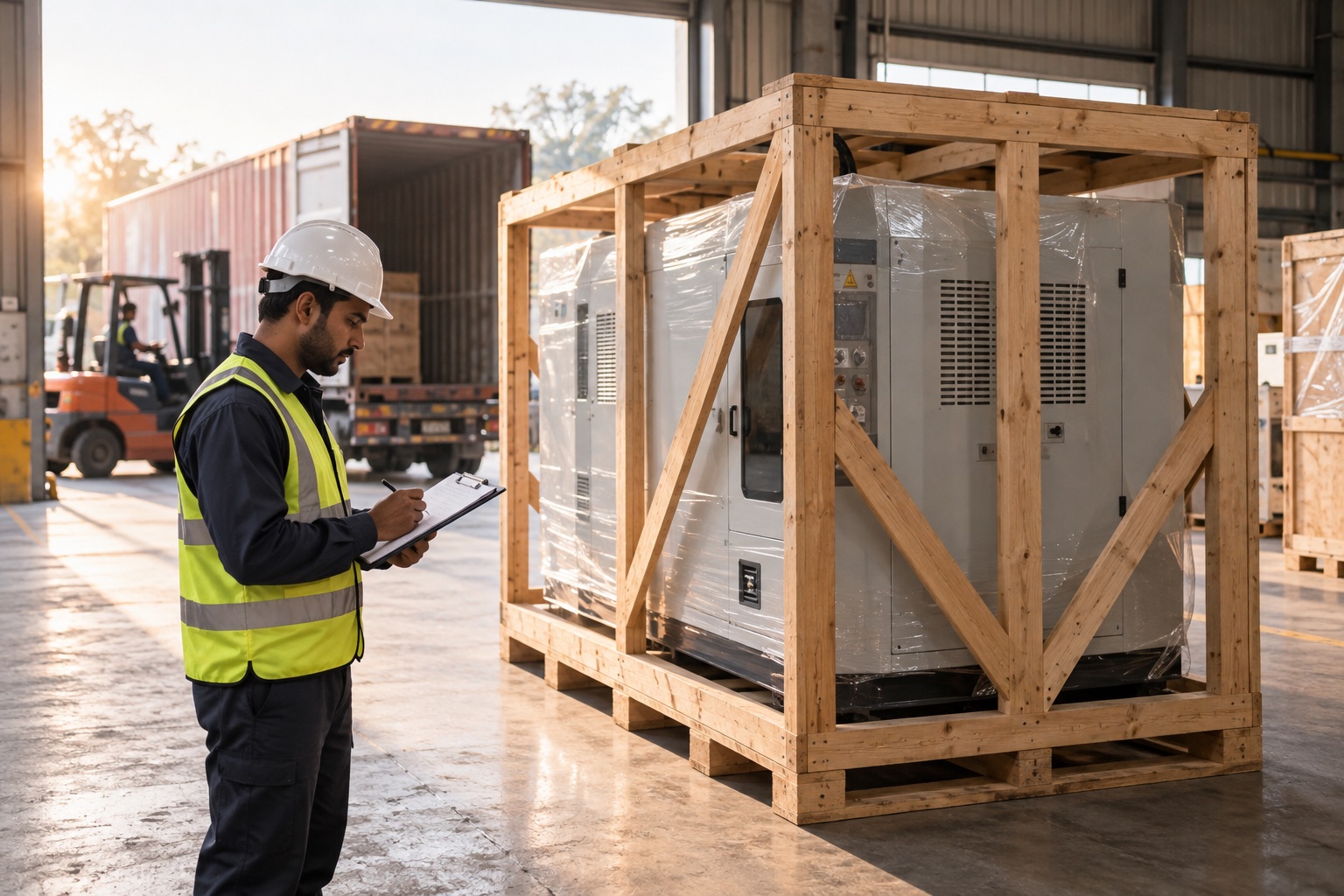 AI-generated scene: Engineer inspecting a crated industrial machine before export