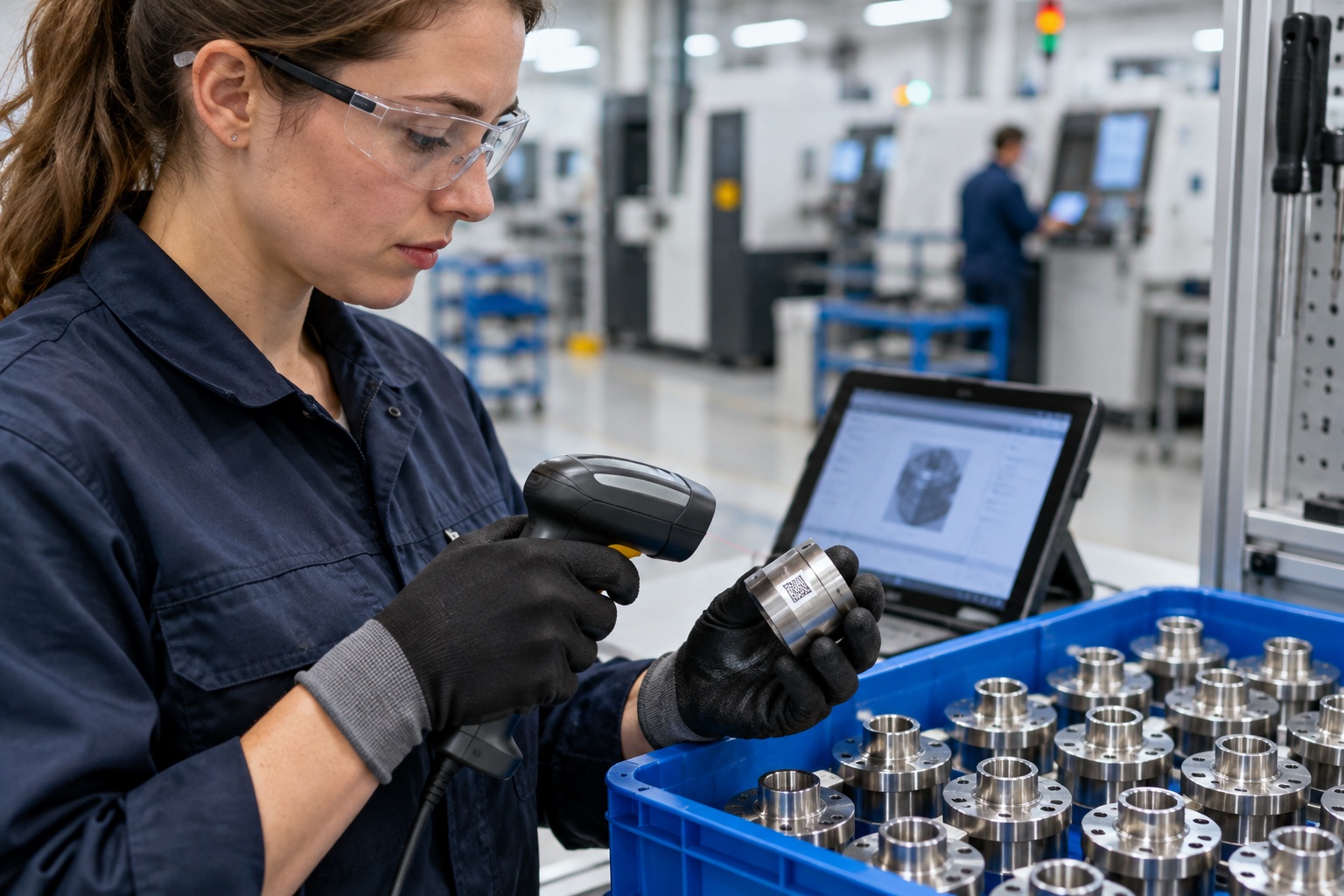 AI-generated scene: Quality technician scanning a machined component beside production trays