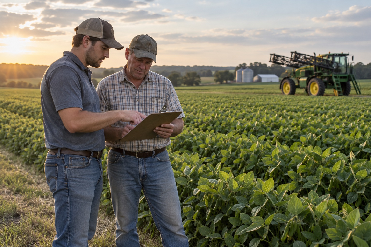 AI-generated scene: Farmer and adviser reviewing a crop plan beside a soybean field