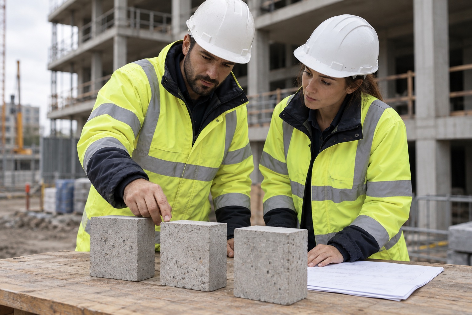 AI-generated scene: Engineers examining concrete samples at a construction site