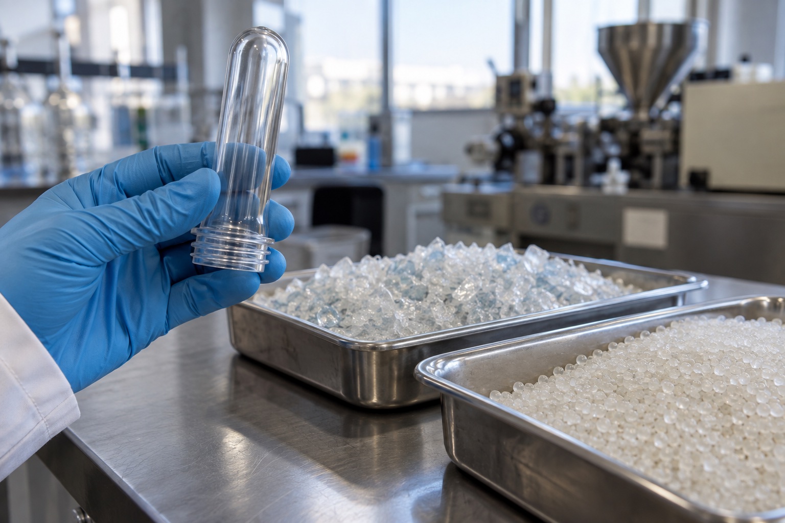 AI-generated scene: Gloved hand holding a PET preform beside recycled flakes and pellets