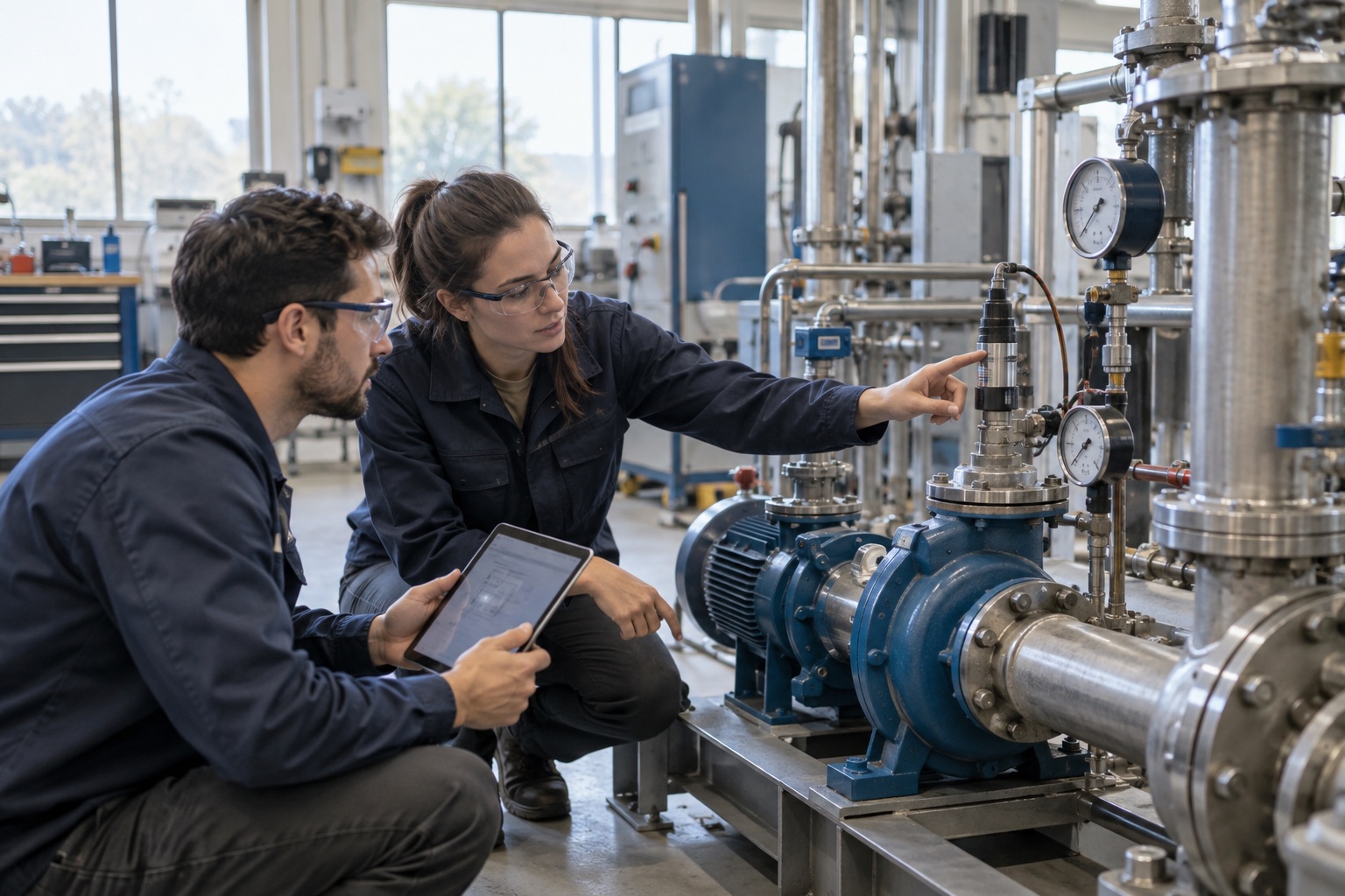 AI-generated scene: Engineers comparing sensor readings beside a pump test bench